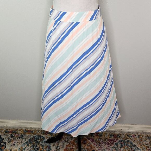 LOFT Blue & White Diagonal Stripe A Line Midi Skirt Size 6 - Picture 7 of 10